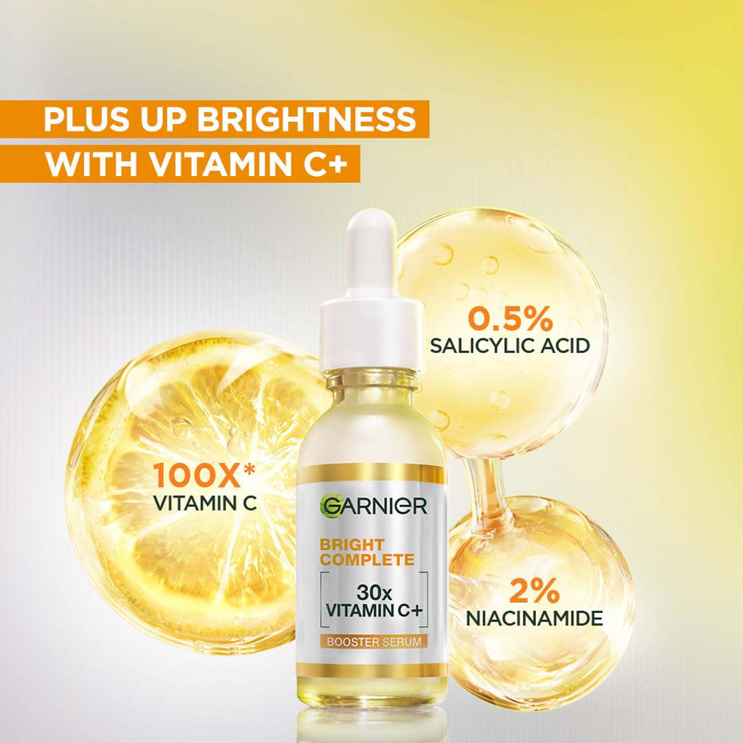 Garnier Vitamin C + Face Serum for Skin Brightening & Anti-Dark Spots|100X Stronger than Vit C |2% Niacinamide 0.5% Salicylic Acid/BHA |Suitable for Oily, Dry, Sensitive Skin |For Men & Women 30ml - Image 4