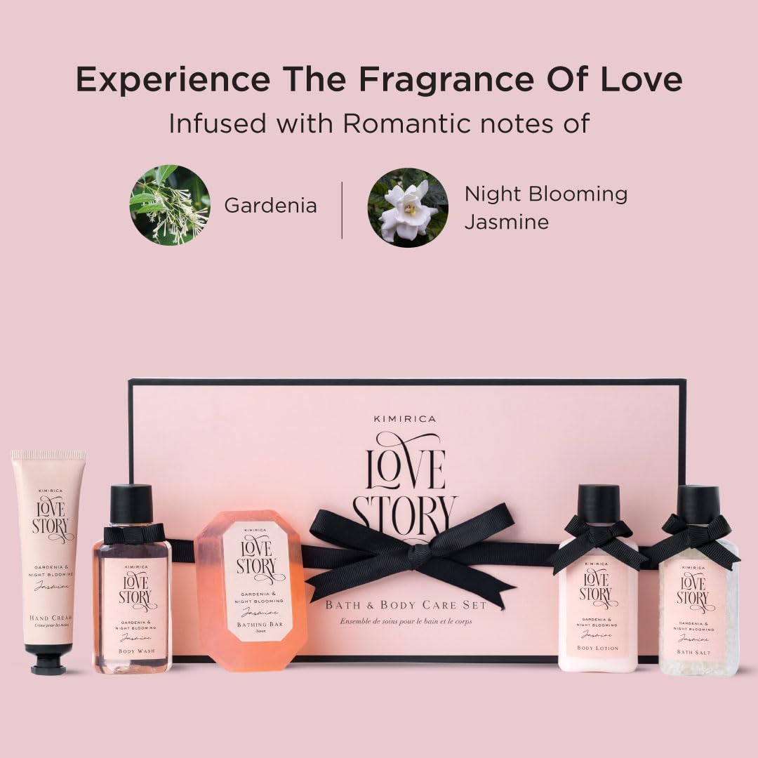 Kimirica Love Story Luxury Bath and Body Care Gift Set Box | Bath Salt, Body Wash, Body Lotion, Bathing Bar and Hand cream | Pack of 5 | For Men and Women | Pampering Kit for Birthday ,Anniversary & All Special Occasions | Premium Gift Packaging 100% Vega - Image 6
