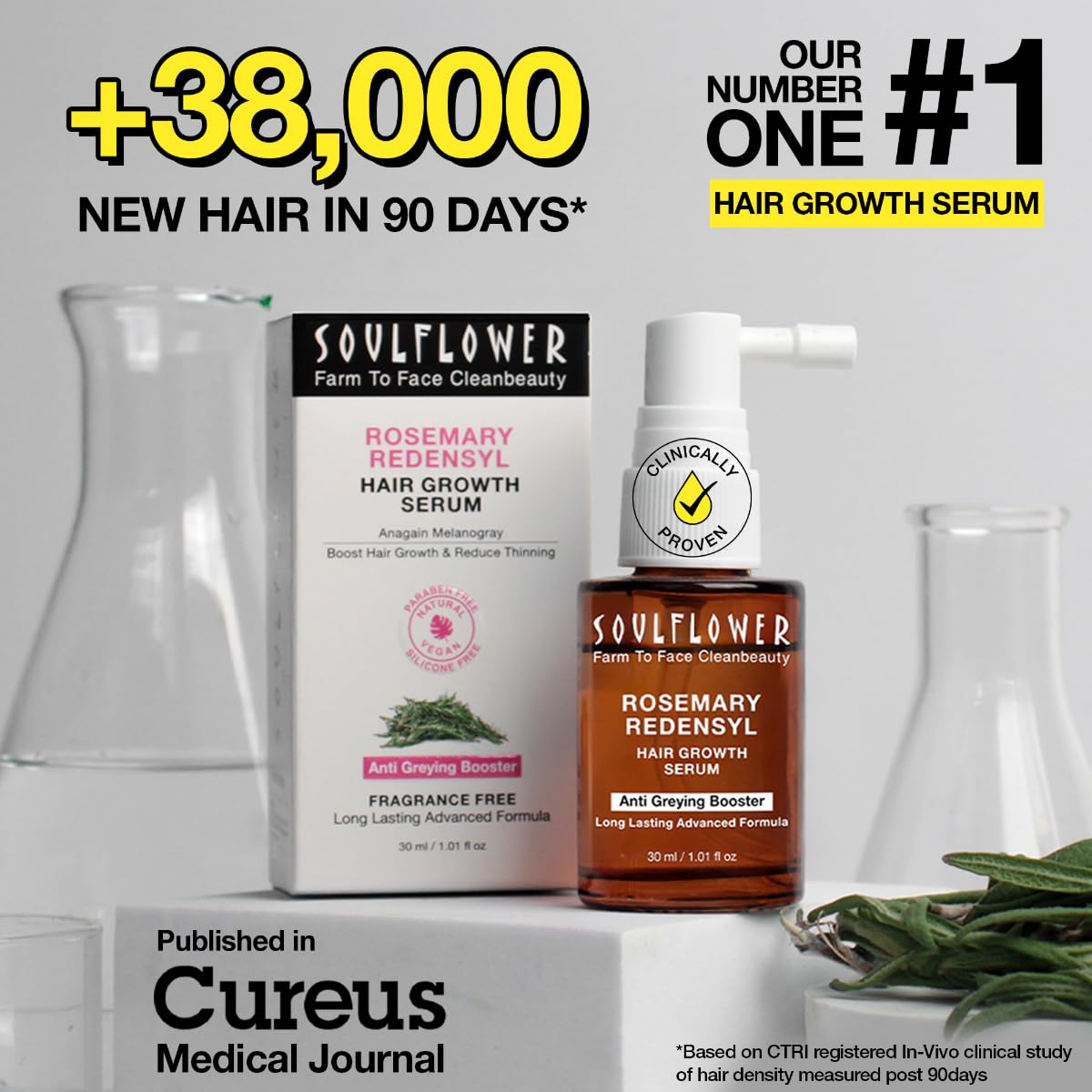 Soulflower Hair Growth Serum, Rosemary Oil, 3% Redensyl, 4% Anagain, Caffeine, Melanogray, Biotin, Rice Water, Clinically Tested on Real people, Hair growth & Hair fall control for Women & Men | 30ml - Image 3