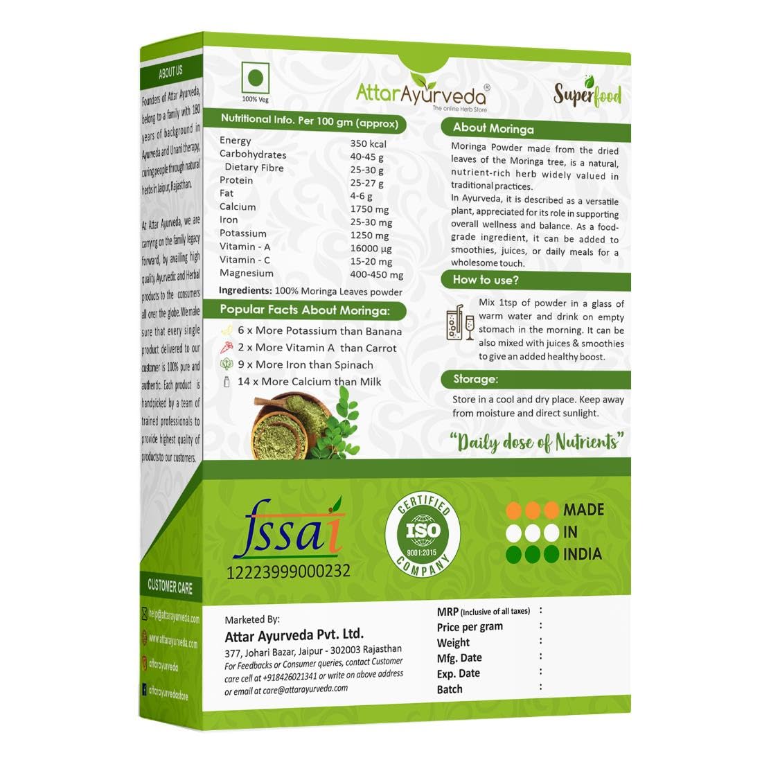 Attar Ayurveda 100% Moringa Leaf Powder (200g) | Drumstick Leaf powder | Herbal Supplement | Good for Immunity, Digestion, skincare and Haircare | 100% Natural and Preservative-free - Image 3