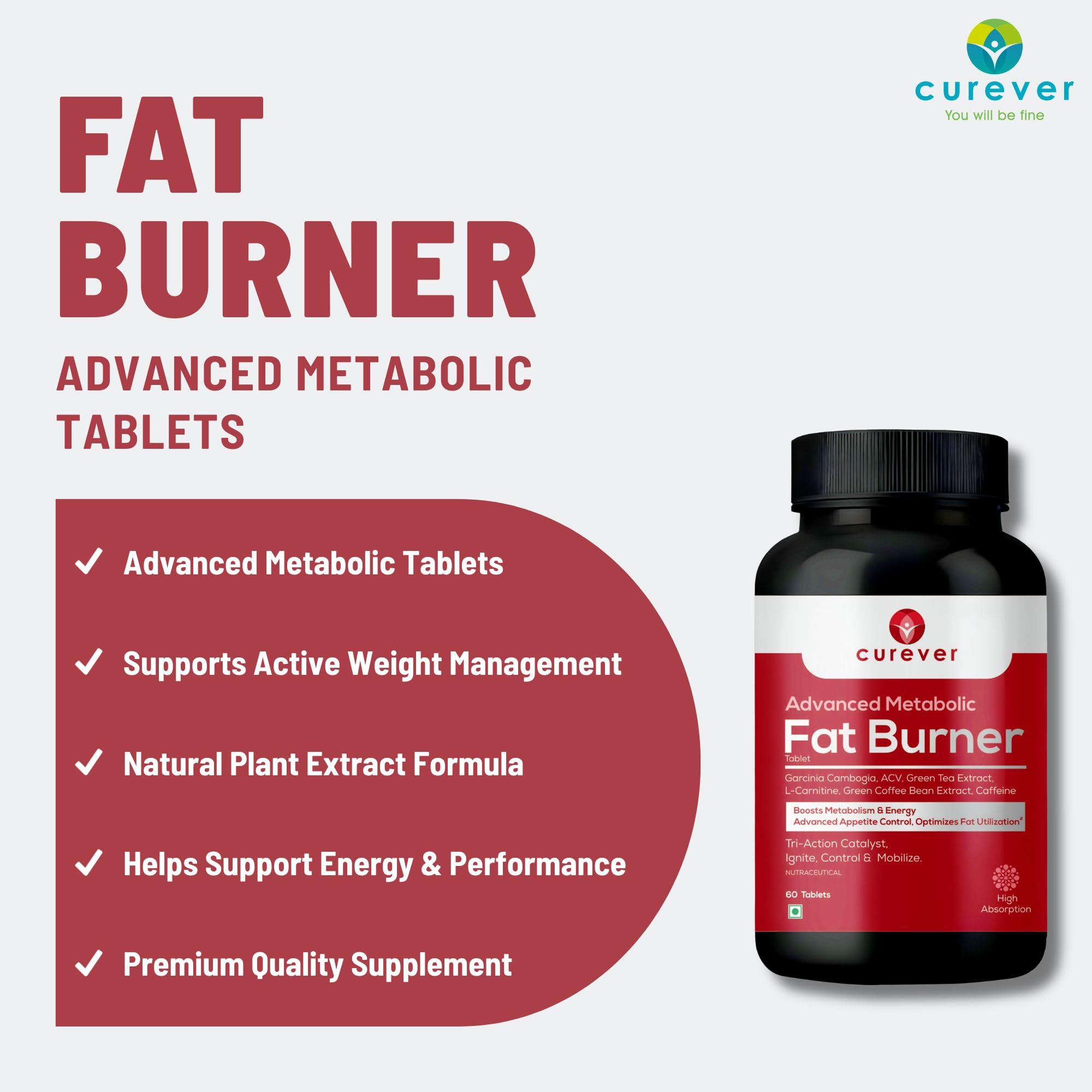 Curever Advanced Metabolic Fat Burner Tablets | Garcinia Cambogia, Green Tea Extract, Apple Cider Vinegar & L-Carnitine | Supports Metabolism & Energy | 60 Tablets - Image 3