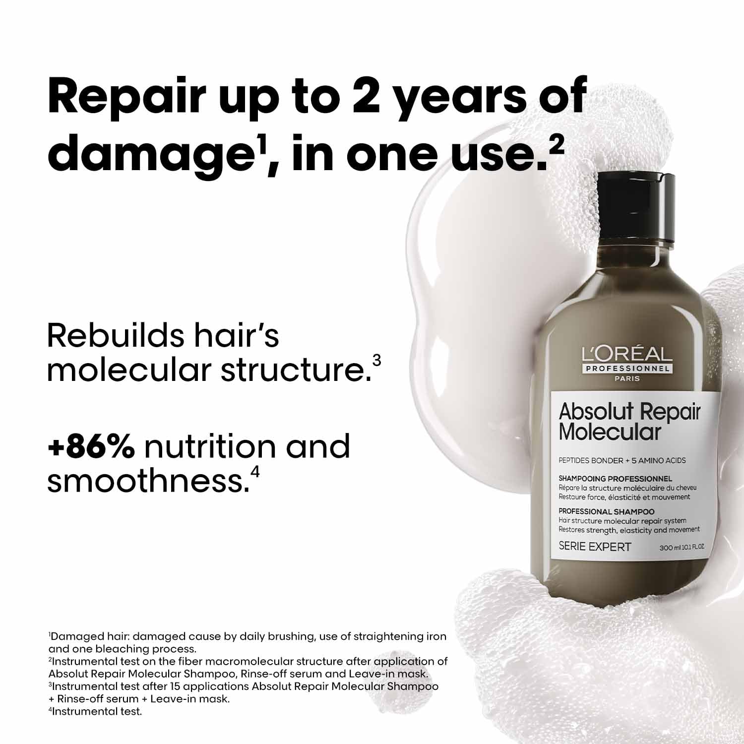L'Oréal Professionnel Paris Absolut Repair Molecular Sulfate-Free Deep Repairing Shampoo for Damaged Hair | Repair up to 2 years of damage, in one use | 2% peptides bonder, 300ml - Image 3